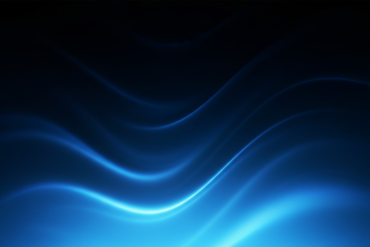 Abstract blue glowing waves undulate across a dark background.
